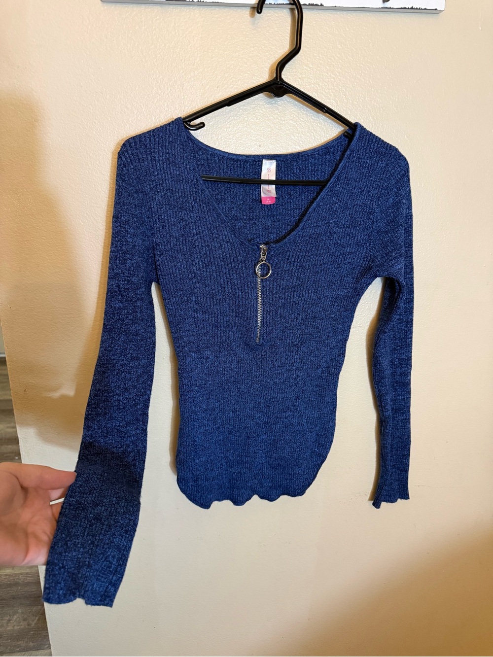 No Boundaries Navy Blue Ribbed Zip-Front Long Sleeve Top